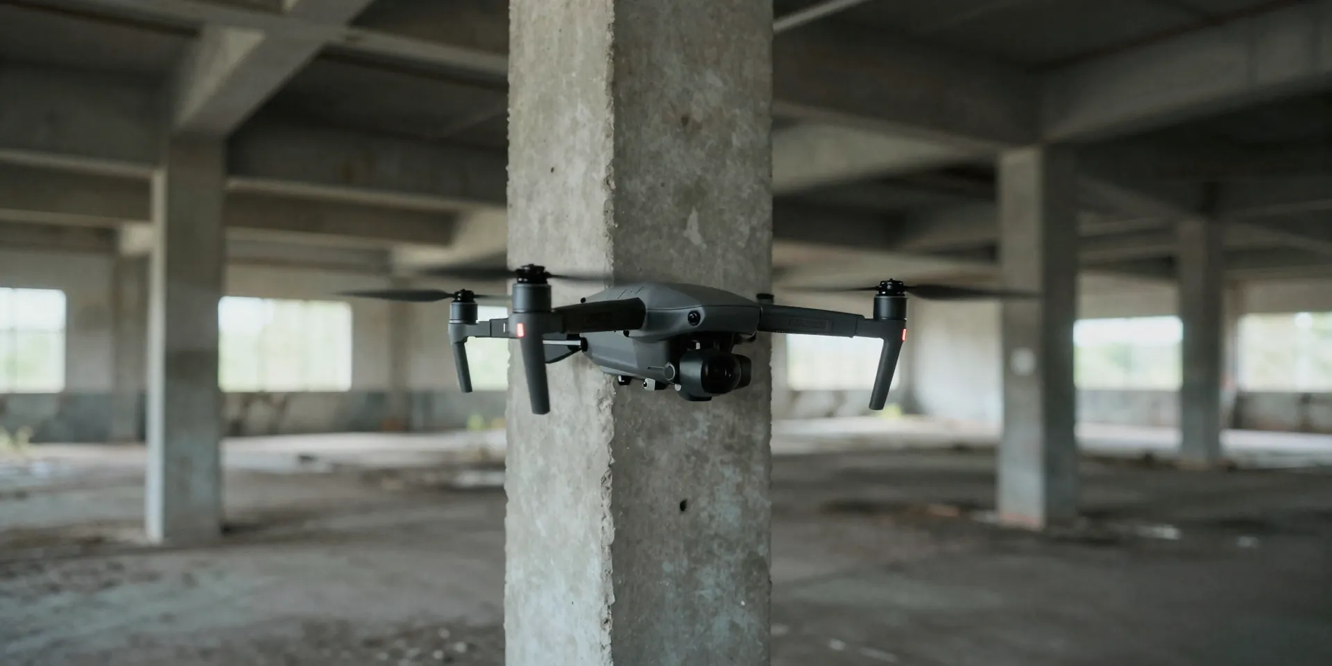 POV shot from an FPV drone banking hard around a concrete pillar in an abandoned warehouse, motion blur, gritty cyberpunk aesthetic, 8k resolution --ar 16:9