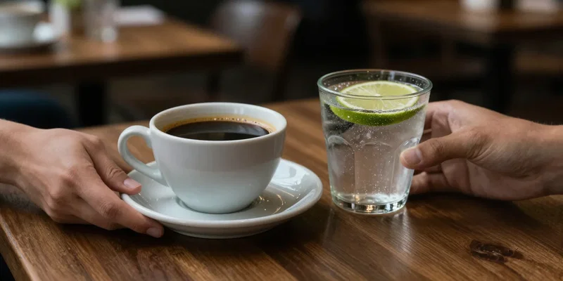 Midjourney prompt: A close-up of a hand placing a beautiful ceramic cup of black coffee and a sparkling water with lime on a polished wooden table. Blurred background of a restaurant. Moody, intimate lighting. --ar 4:5 --stylize 200