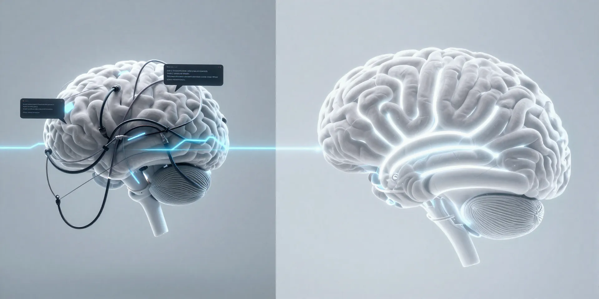 A split-screen image. Left side: abstract visual of a cluttered, foggy brain with tangled wires and error messages. Right side: a clear, organized, minimalist brain with glowing pathways. Digital art style, clean lines, neon accents. --ar 16:9