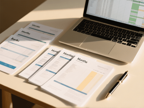 Flat lay photography of several months of bank statements neatly arranged, a laptop showing a spreadsheet, a pen, warm natural light, clean and organized aesthetic --ar 16:9
