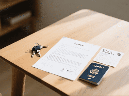 A clean, minimalist flat lay on a wooden table. A signed rental contract next to a set of house keys, a printed booking confirmation, and a passport. Soft daylight, shallow depth of field, crisp details.