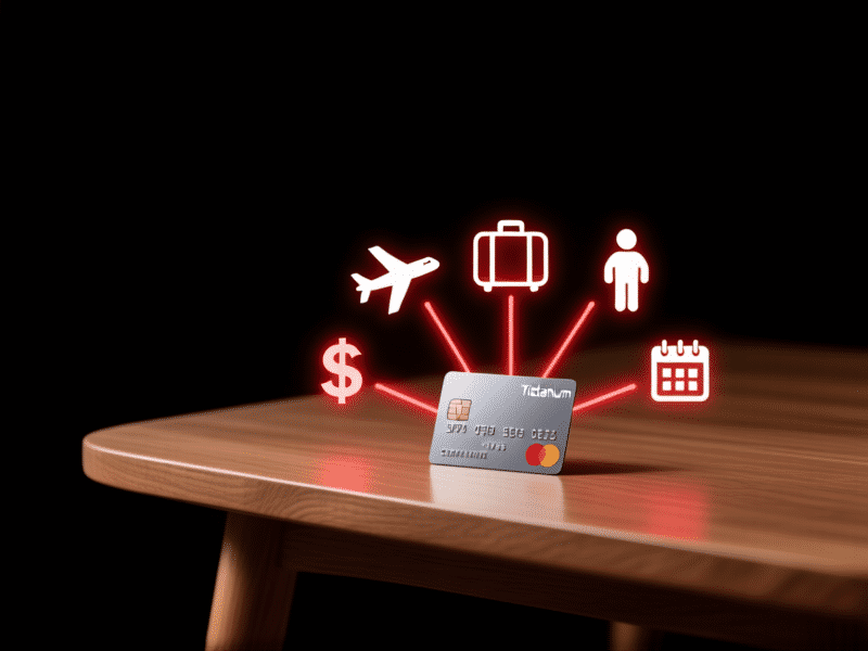 A minimalist, infographic style image. A single, elegant titanium credit card sits on a wooden table. From it, glowing red