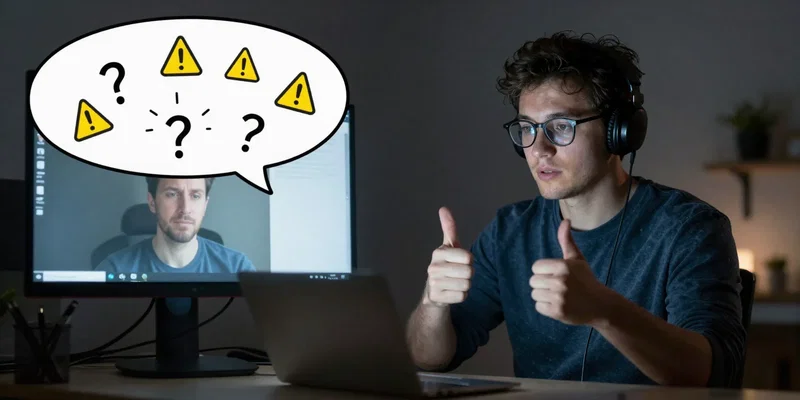 Split-screen illustration. Left side: a developer's face lit by monitor glow, internal monologue bubble with frantic icons