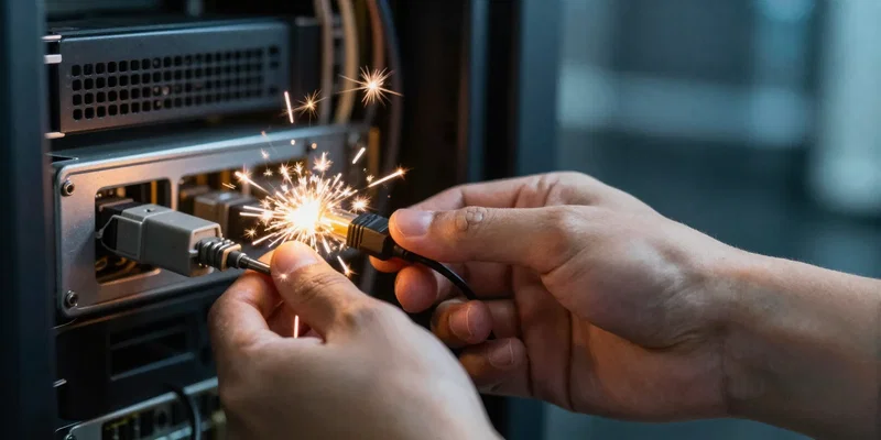 Stable Diffusion prompt: An extreme close-up of hands deliberately unplugging a complex, glowing server rack. Sparks fly. The background is a blur of digital noise fading to calm, soothing colors. 35mm film grain, sharp focus --ar 16:9