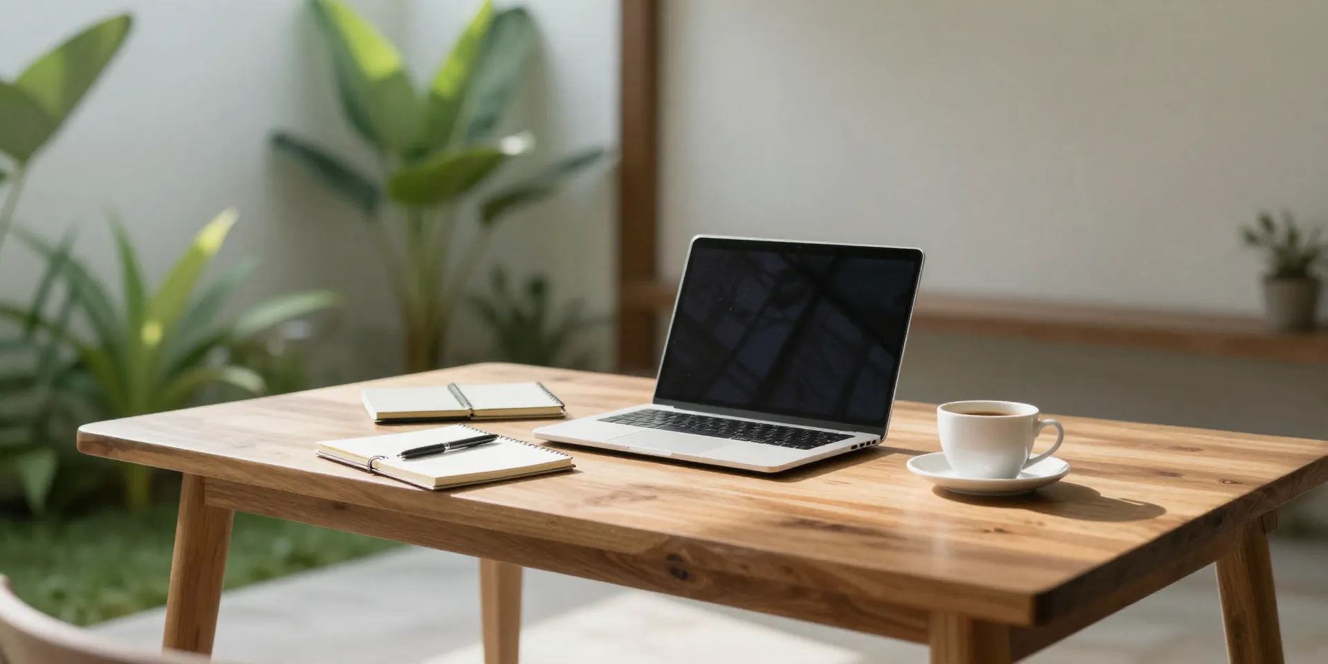 Midjourney prompt: A serene, sun-drenched minimalist workspace in a Bali villa, wooden desk with laptop, notebook, pen, and a single cup of coffee, lush plants in background, morning light streaming in, sense of calm order, clean aesthetic, --ar 16:9