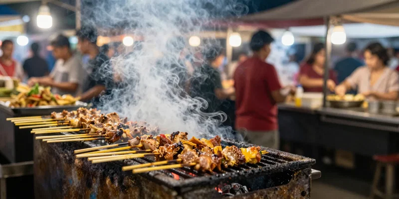 Vibrant, bustling night market in Ubud, focus on a sizzling satay grill with smoke rising, food looks incredible, hyper-detailed, shot on Portra 400 film, shallow depth of field –v 6.0