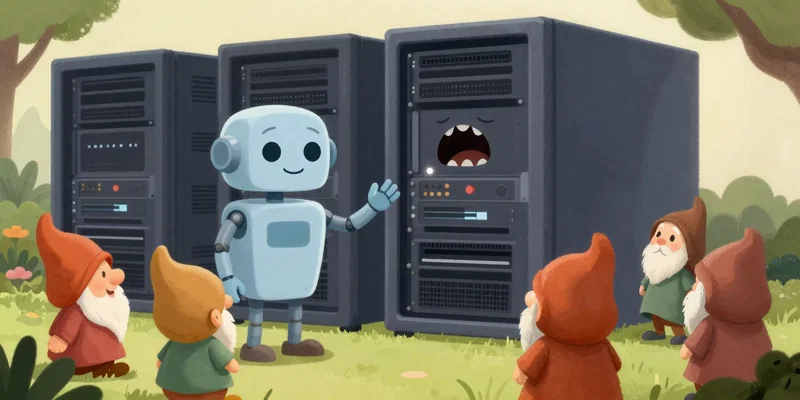 A charming, detailed illustration in a children's book style. A friendly robot is explaining a huge, scary-looking server rack to a group of curious, smiling garden gnomes. The robot is using simple hand gestures. The gnomes look engaged and understanding. Warm, whimsical colors.