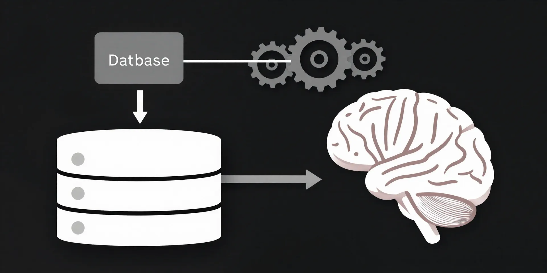 A clear flowchart diagram showing data flowing from a database to a brain to a gear system, clean infographic style, minimalist, on a dark background