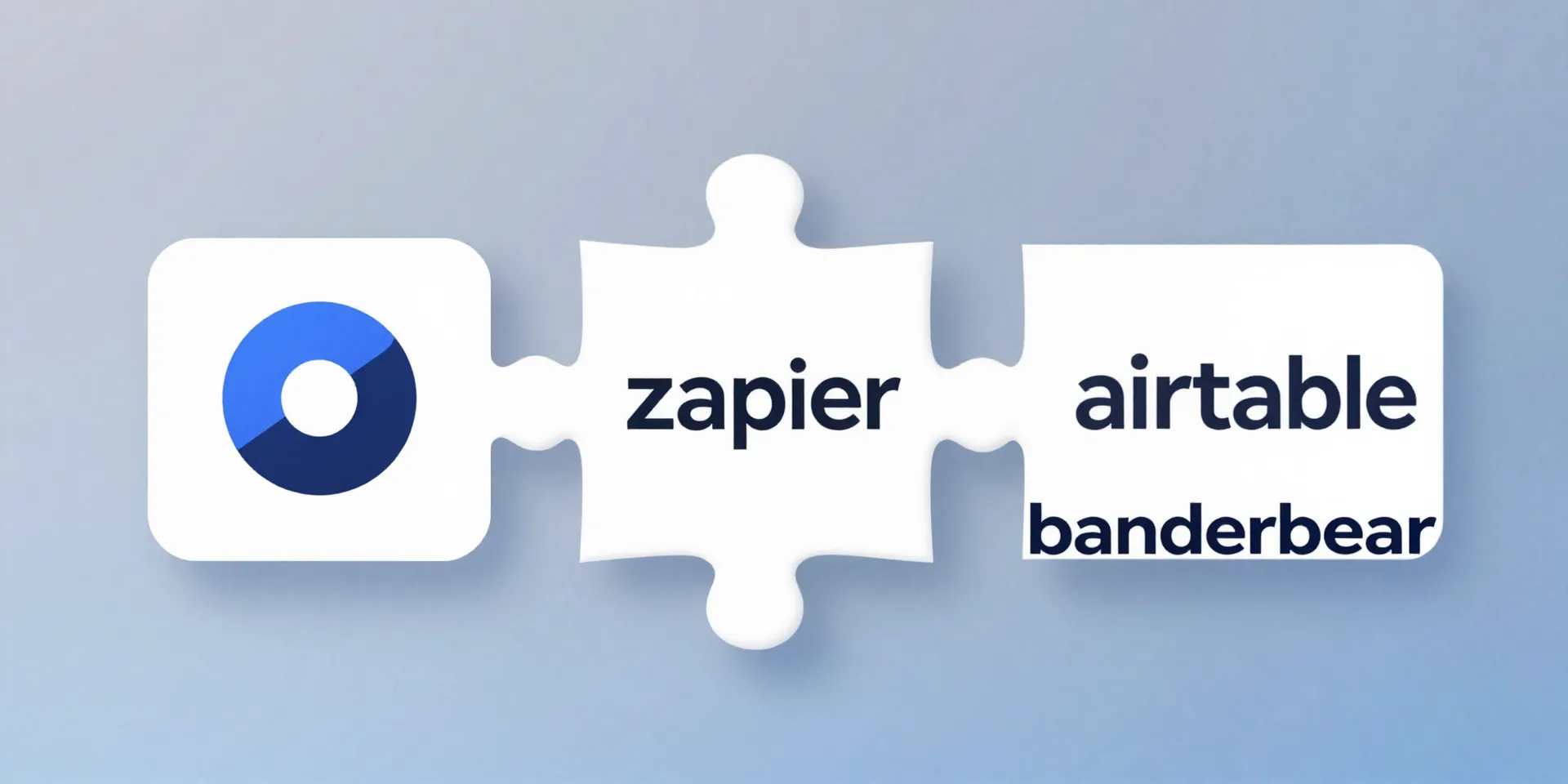 Three iconic logos for Airtable, Zapier, and Bannerbear interlocking like puzzle pieces. modern, minimalist illustration