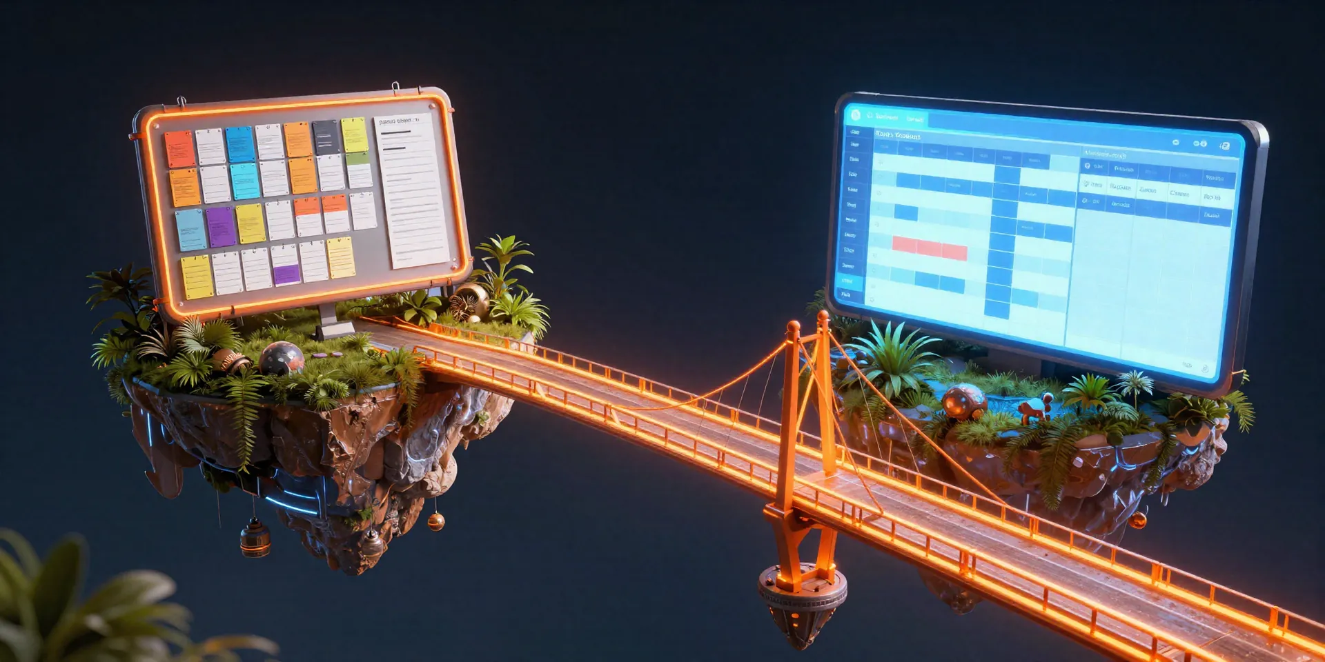 A glowing neon orange bridge connecting two futuristic floating islands, one island looks like a kanban board, the other looks like a spreadsheet, digital art, cyberpunk style --ar 16:9