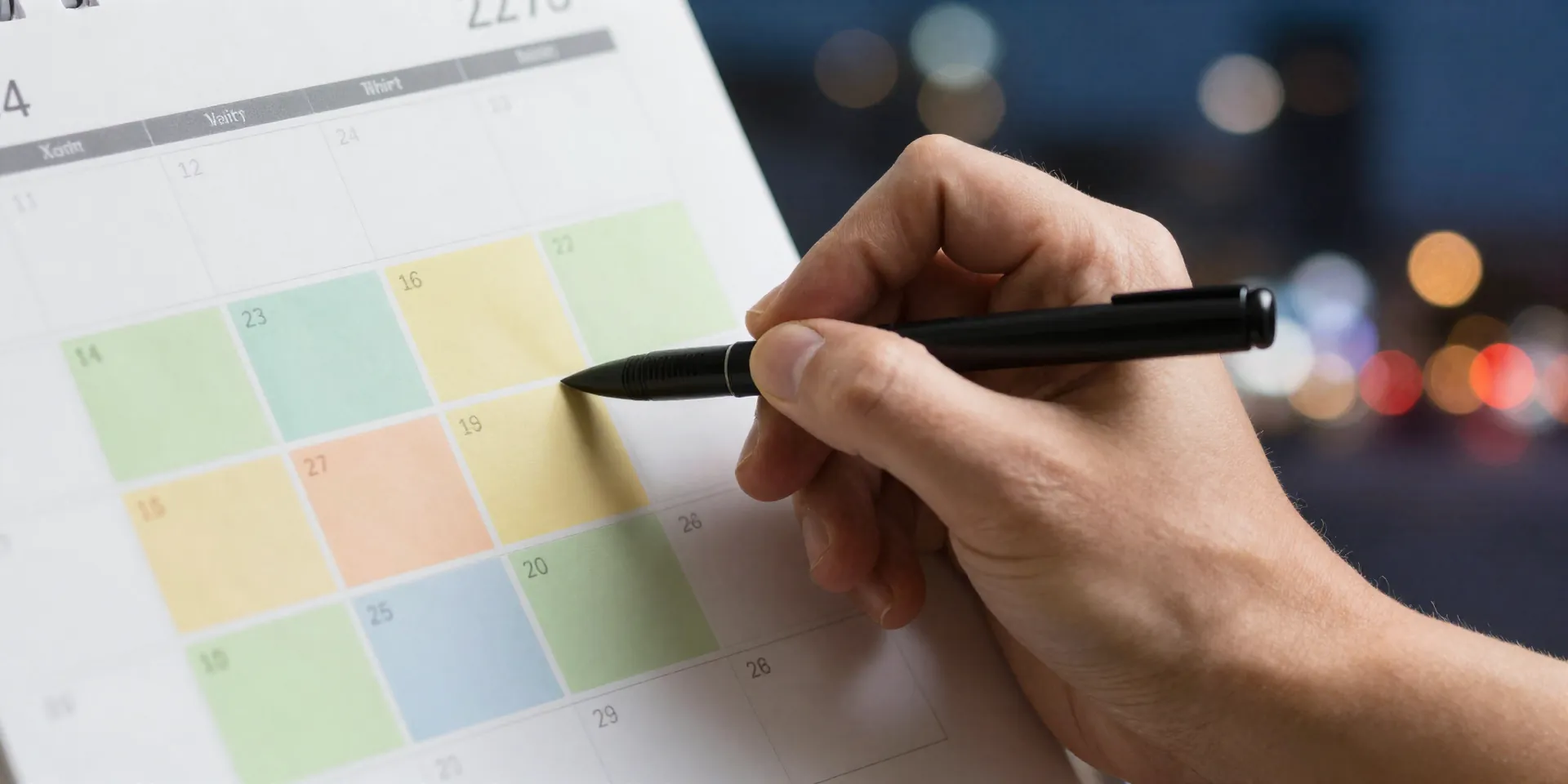 Midjourney prompt: Close-up of a hand marking a chaotic, color-coded weekly calendar with shift times and overlapping eating windows, abstract bokeh background of city lights at night, macro shot, shallow depth of field --ar 16:9