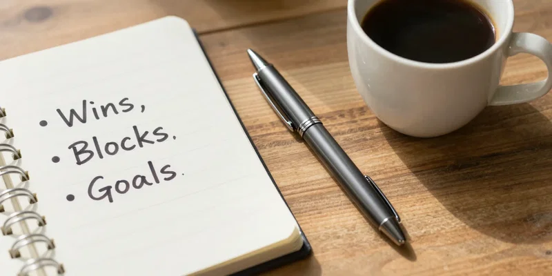 Organized notepad on a wooden desk. Three bullet points written in confident ink: Wins, Blocks, Goals. A nice pen beside it