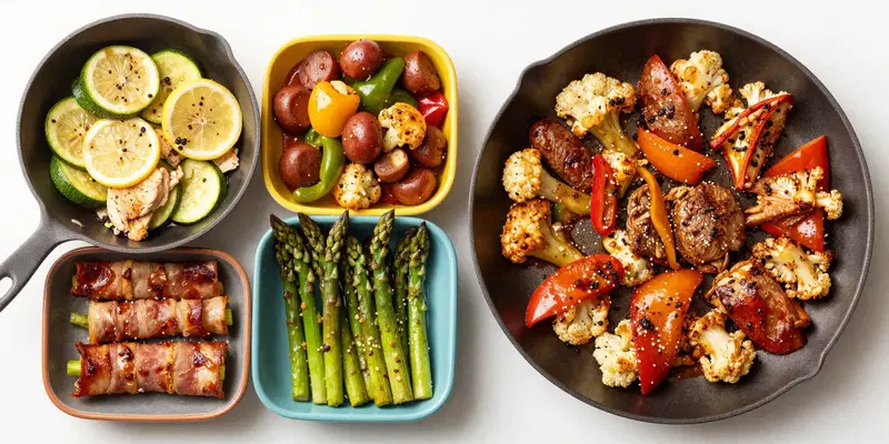 Four different colored sheet pan meals: lemon chicken with zucchini, spicy sausage with cauliflower, steak and bell peppers