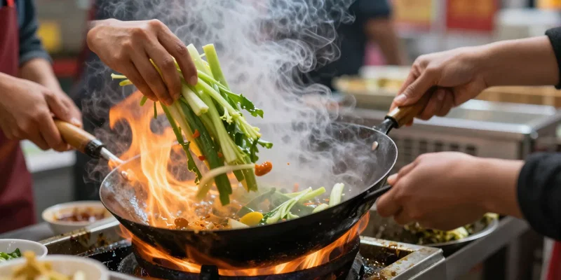 Midjourney Prompt: Photorealistic close-up detail of a busy food vendor's hands in motion. One hand tossing vegetables in a screaming hot wok, flames licking the sides, the other hand reaching for a bowl. Focus on the fast, skilled motion, steam, and texture of the food. Sharp focus, dynamic. --style raw --ar 4:3