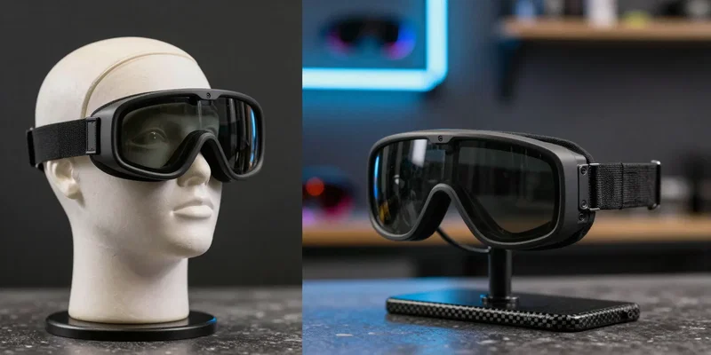 Split screen visual, left side shows a heavy box goggle strapped to a mannequin head, right side shows sleek low profile FPV goggles on a carbon fiber stand, neon workshop background, photorealistic, sharp focus --ar 16:9
