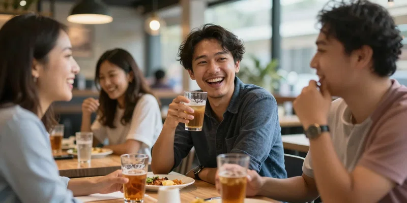 Stable Diffusion prompt: A group of coworkers laughing at a restaurant table, one person sits with them holding only a drink, looking engaged and happy, bokeh background, candid photo style, natural expressions --ar 16:9