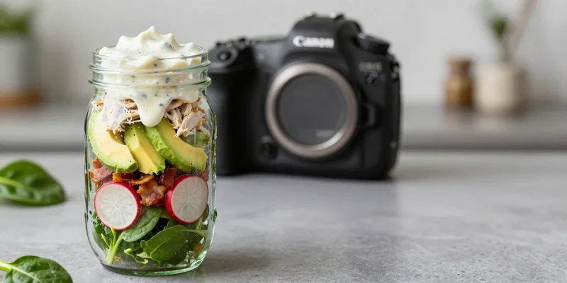 Stable Diffusion prompt: A wide-mouth mason jar in a cold office kitchen, layers of vibrant baby spinach, sliced radishes, crispy bacon bits, chunks of avocado, and shredded rotisserie chicken, topped with a creamy parmesan dressing, highly detailed, shot on a Canon EOS R5, shallow depth of field --ar 4:5