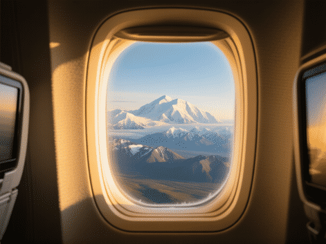 Window view from inside a commercial jetliner flying over a stunning panorama of the Alaska Range, with Denali (Mount