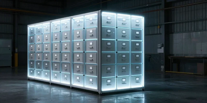 A massive, perfectly organized filing cabinet made of glowing transparent glass, sitting in a dimly lit industrial