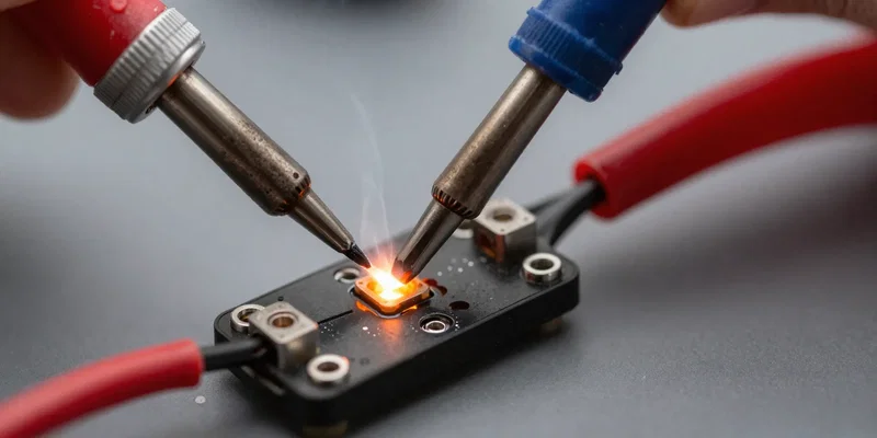 Close up action shot of a soldering iron tip applying melted silver solder to a thick red silicone wire on a drone ESC battery pad, smoke rising, glowing orange heat, ultra detailed macro --ar 16:9