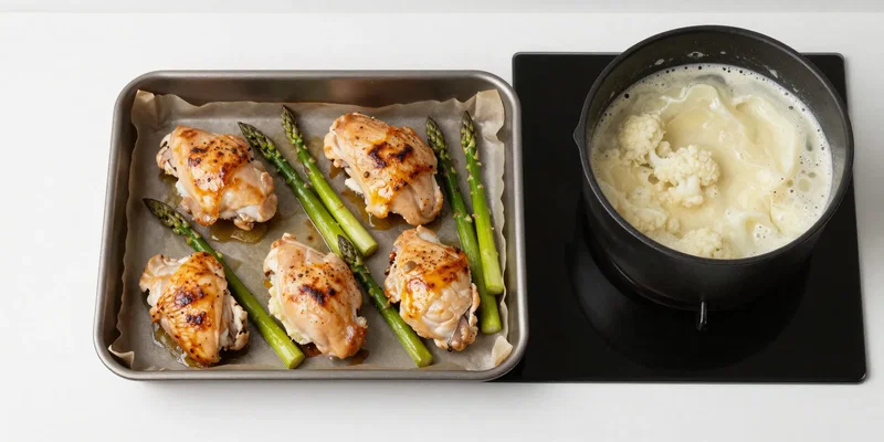 Dynamic time-lapse photo from above. One sheet pan with chicken thighs and asparagus roasting in the oven. Simultaneously