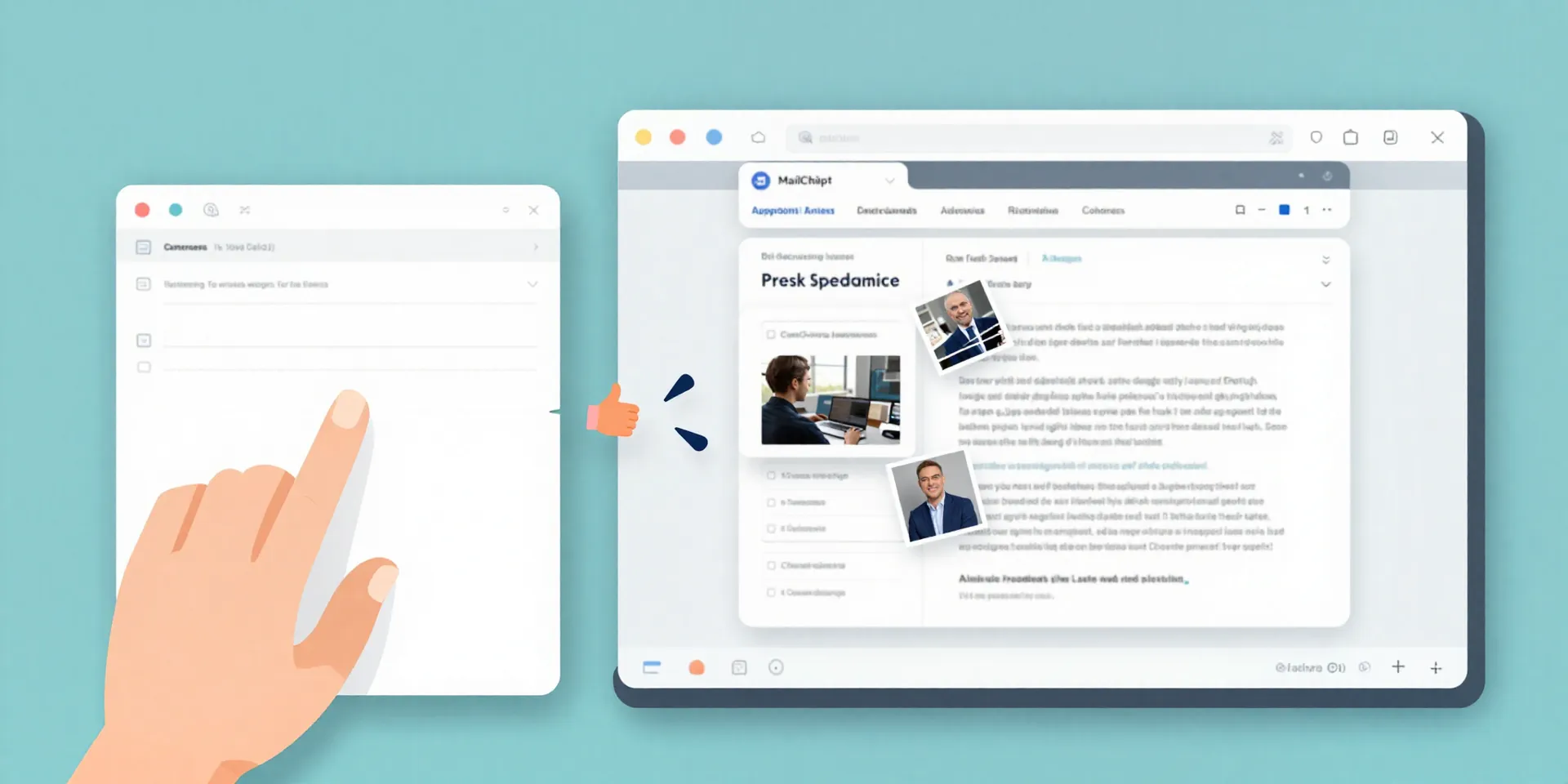 A split-screen view: Left side shows a hand placing a content block into Airtable. The right side shows a Mailchimp campaign assembling itself automatically with text and images flying into place. Clean, digital art, pastel colors.