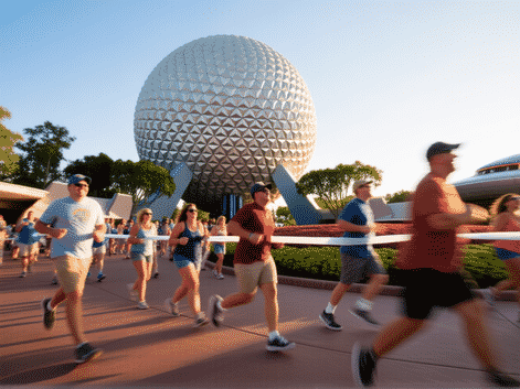 Guests speed-walking past Spaceship Earth at Epcot rope drop, determined expressions, morning light, dynamic motion blur, photorealistic, wide lens --ar 16:9 --style raw