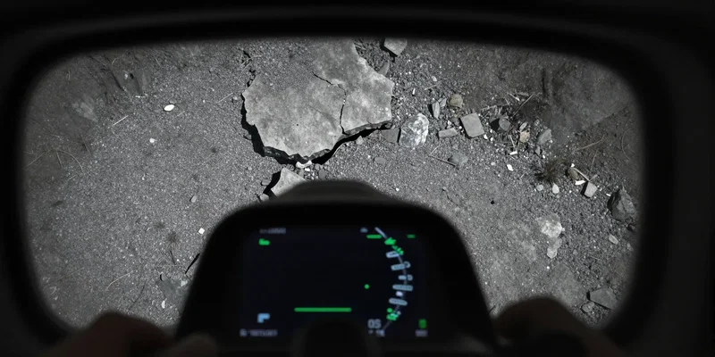 POV shot looking through gritty FPV drone goggles. Static and interference on the screen, showing an upside-down view of gravel and broken concrete. Cyberpunk vibe, realistic FPV OSD overlay --ar 16:9