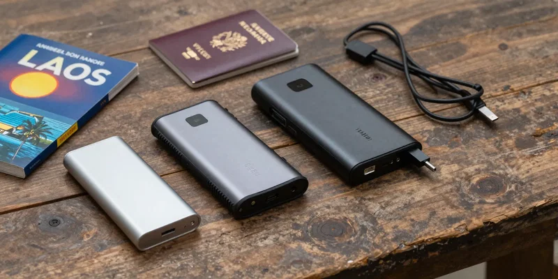 Clean, minimalist product photography studio shot. Three different power banks on a worn, rustic wooden table next to a Laos travel guide, a pair of passport, and a tangled charging cable. One power bank is slim and metal, one is rugged with rubber edges, one is high-capacity and bulky. Soft, focused lighting. Emphasis on texture and practicality. --ar 4:3