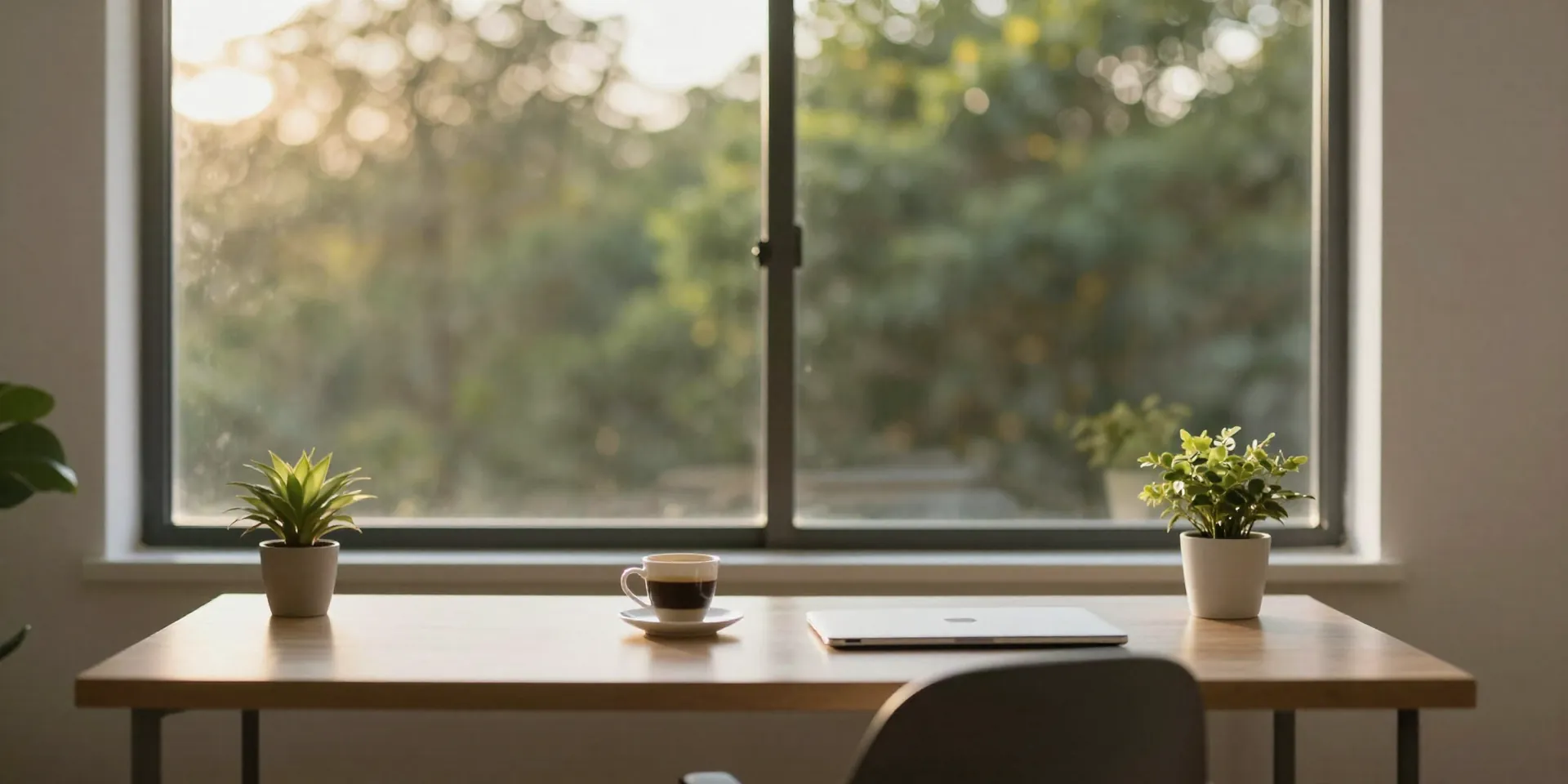 Midjourney prompt: A person sitting at a sleek, modern desk positioned directly in front of a large window overlooking green trees. Golden hour light fills the room, illuminating a cup of coffee and a small potted plant. The scene feels airy and calm. Style: photorealistic, soft focus, serene atmosphere. --ar 16:9