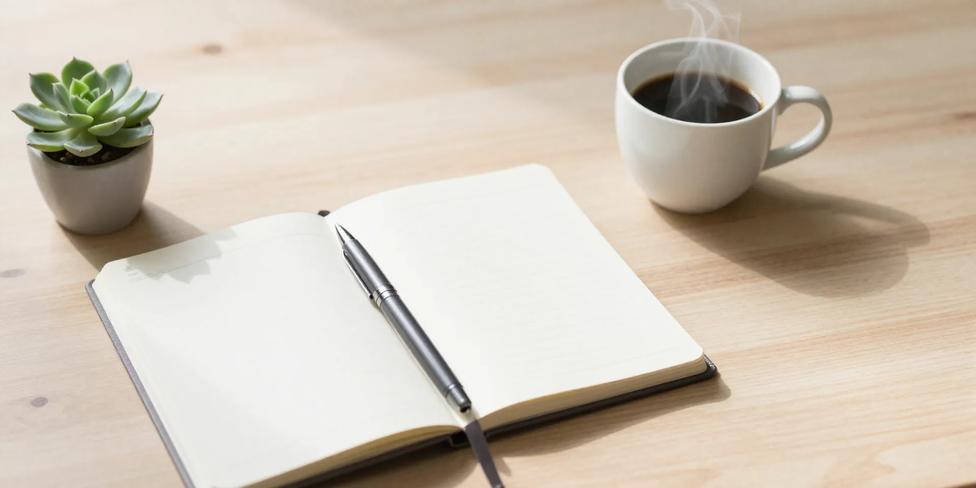 Serene, minimalist photo, a notebook and pen next to a single succulent plant on a clean wooden desk, soft morning light, a cup of coffee steaming, atmosphere of calm, intentional focus --ar 16:9