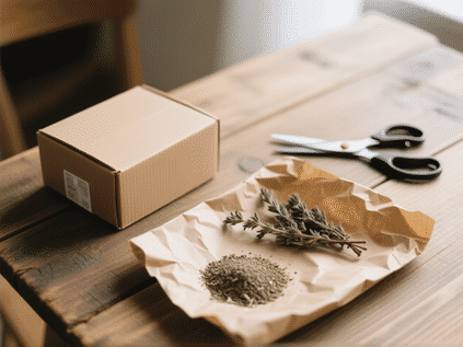 Materials on a rustic wooden table: a clean cardboard box, scissors, crumpled brown paper, a few dried herbs, a sprinkle