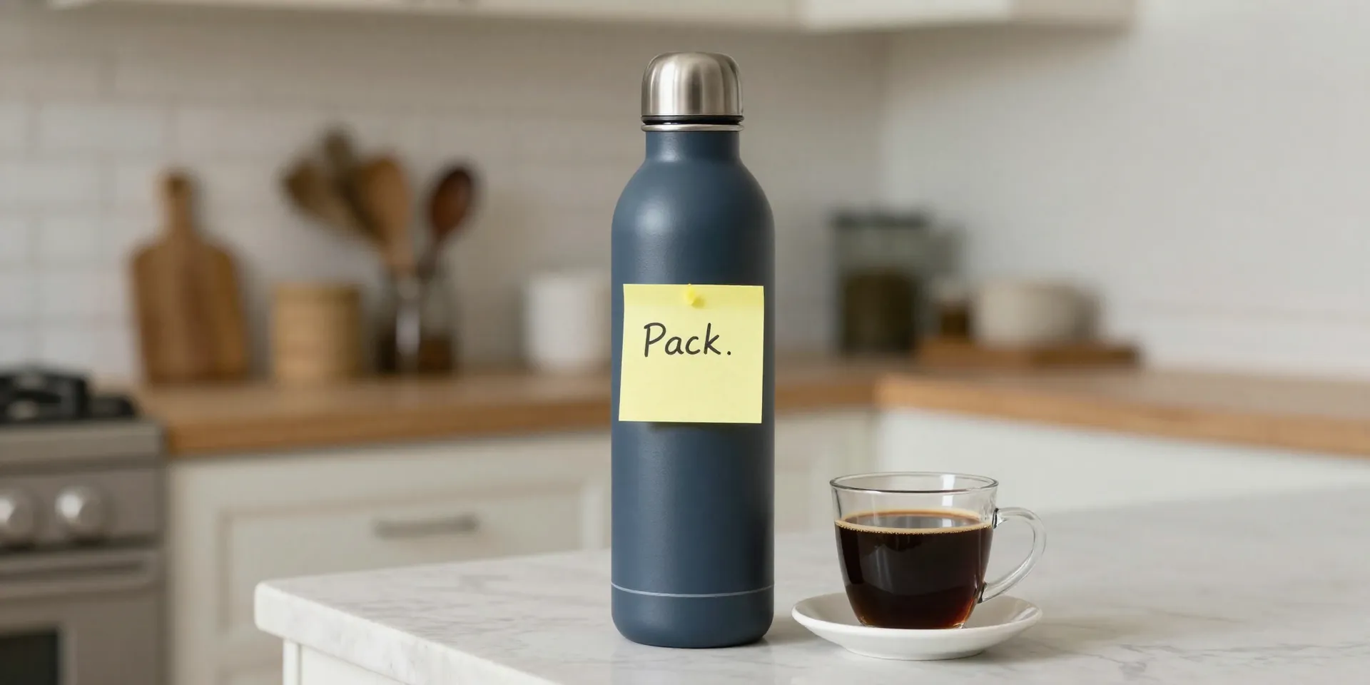 A stylish, large insulated water bottle sitting on a kitchen counter next to a mug of black coffee. A Post-It note on the bottle reads 