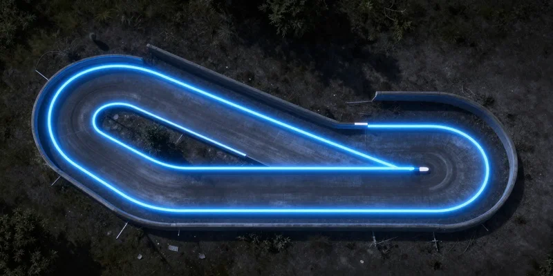 Top-down diagrammatic view of a neon racing line through a sharp corner on an FPV drone track, glowing blue apex, hyper-realistic, high contrast, dramatic shadows --ar 16:9