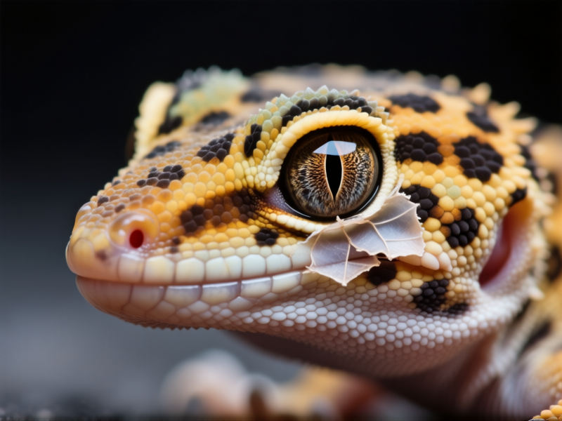 Hyperrealistic macro close up of a leopard gecko's face during a shed, partially peeled skin clinging to its eye, shallow depth of field, studio lighting, textures detailed