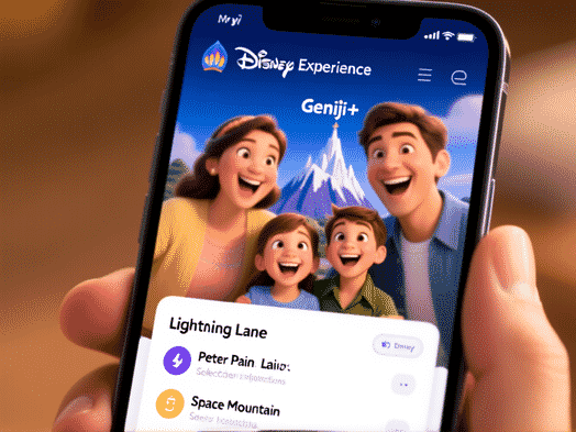 Midjourney prompt: Up-close shot of a family's smartphone screen, showing the My Disney Experience app with the Genie+ interface, Lightning Lane selections for Peter Pan and Space Mountain, and excited, blurry faces reflected in the screen.