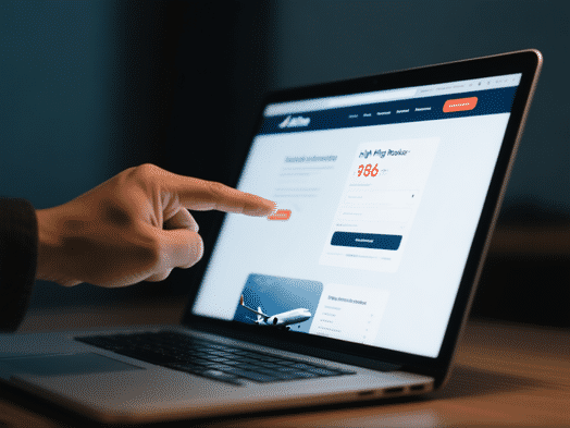 A person's hand pointing in frustration at a sleek airline website booking page on a laptop screen, showing a high price
