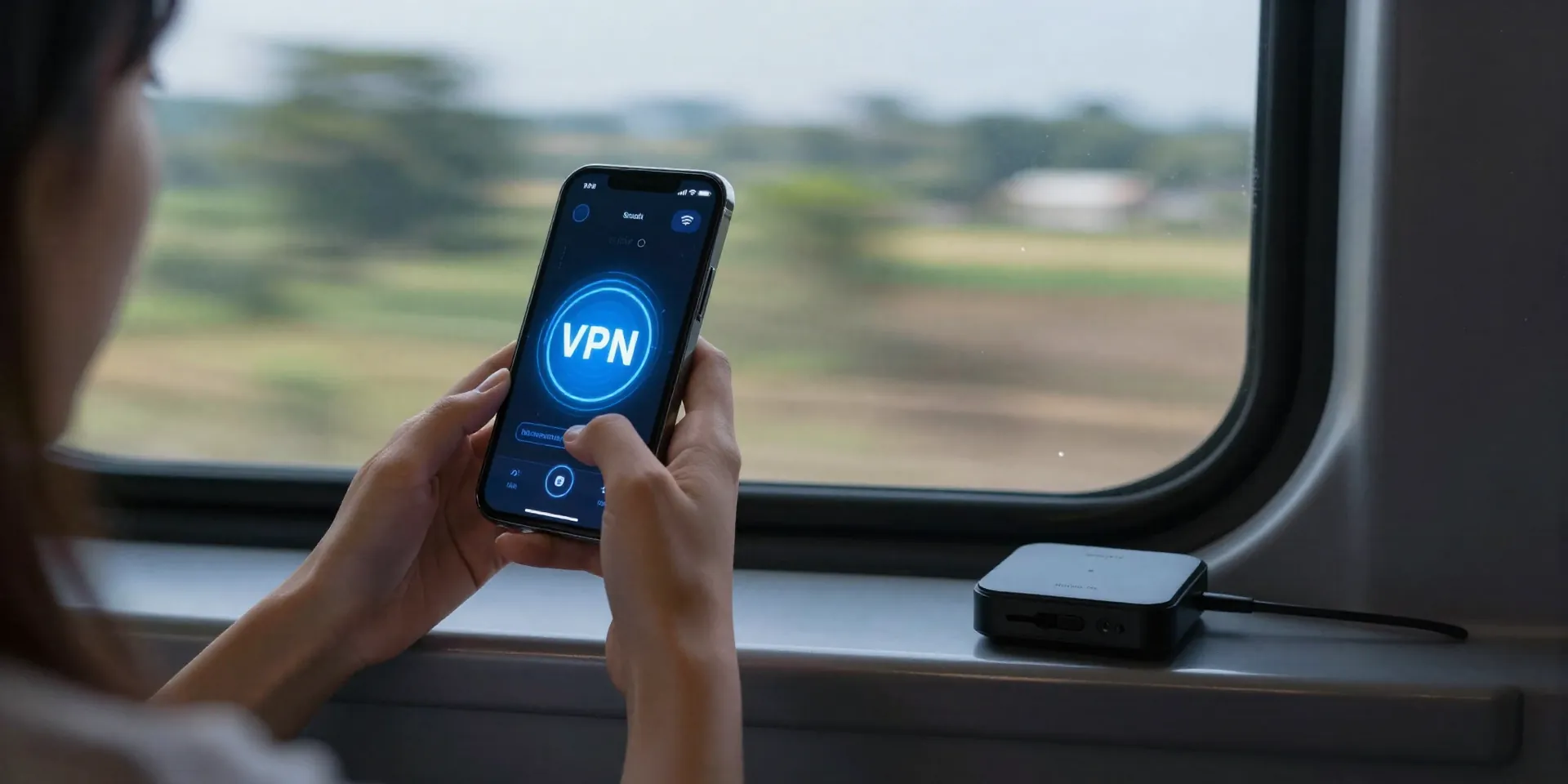 AI Image Prompt: Dynamic shot from a train window, a woman's hand holding a smartphone showing a strong VPN connection icon, a personal WiFi hotspot device on the seat beside her. Blurred countryside whizzing by outside, focus on the tech. Sense of movement and secure connectivity. Cyberpunk aesthetic, detailed, neon accents on dark background. --ar 4:3