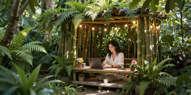 Midjourney Prompt: A secluded bamboo coworking nest nestled in a tropical garden, fairy lights strung above, a woman smiles while typing on her laptop surrounded by ferns and flowers, dappled sunlight, sense of peaceful isolation and creativity, magical realism style