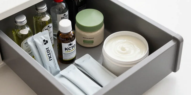 Close-up of a sleek, organized desk drawer filled with various keto creamer containers -- small glass bottles of MCT oil, single-serve powder packets, and a stylish jar, clean aesthetic, top-down shot