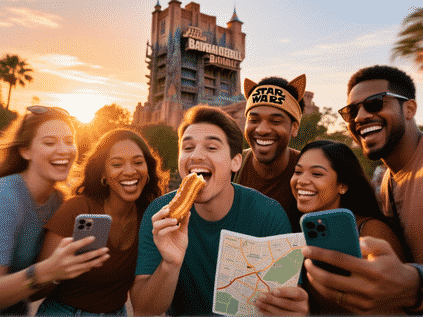 dramatic, energetic photo of a diverse group of smiling adults, one biting a churro, another wearing a Star Wars Batuu headband, all looking at different phone maps, backlit by sunset over Tower of Terror, fast shutter speed, candid