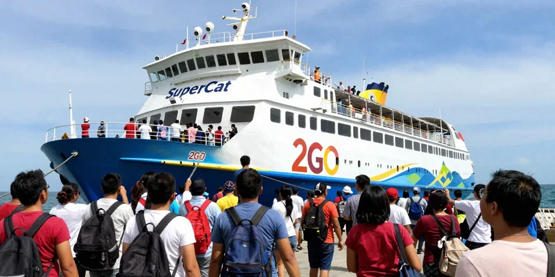 Midjourney prompt: dynamic low-angle shot from a crowded pier, looking up at a large, brightly painted Philippine ferry named 'SuperCat' or '2GO', passengers boarding with backpacks, vibrant chaos, bright tropical sun, high detail, raw documentary style
