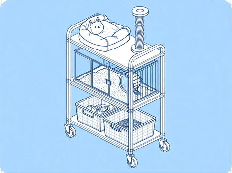 Isometric 3D blueprint illustration of a multi-tiered metal rolling cart. Top level: a cat bed and scratching post. Middle level: a glass or acrylic hamster/gerbil cage with bedding and a wheel. Bottom shelf: storage baskets for food and toys. Four sturdy locking casters at the base. Style: clean technical drawing, soft blue background, exploded view details. --ar 16:9