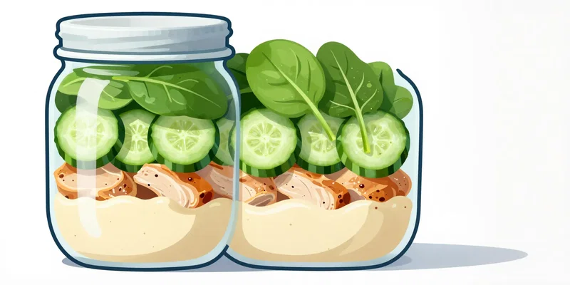 cross-section illustration of a mason jar salad, showing distinct colorful layers: dressing bottom, then chicken, then cucumbers, then spinach on top, cut-away view, clean white background, infographic style