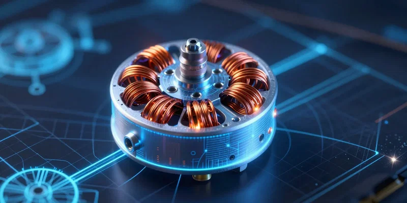 A glowing holographic blueprint of a brushless drone motor highlighting the internal copper coils, cyberpunk vibe, neon blue and orange lighting, highly detailed --ar 16:9