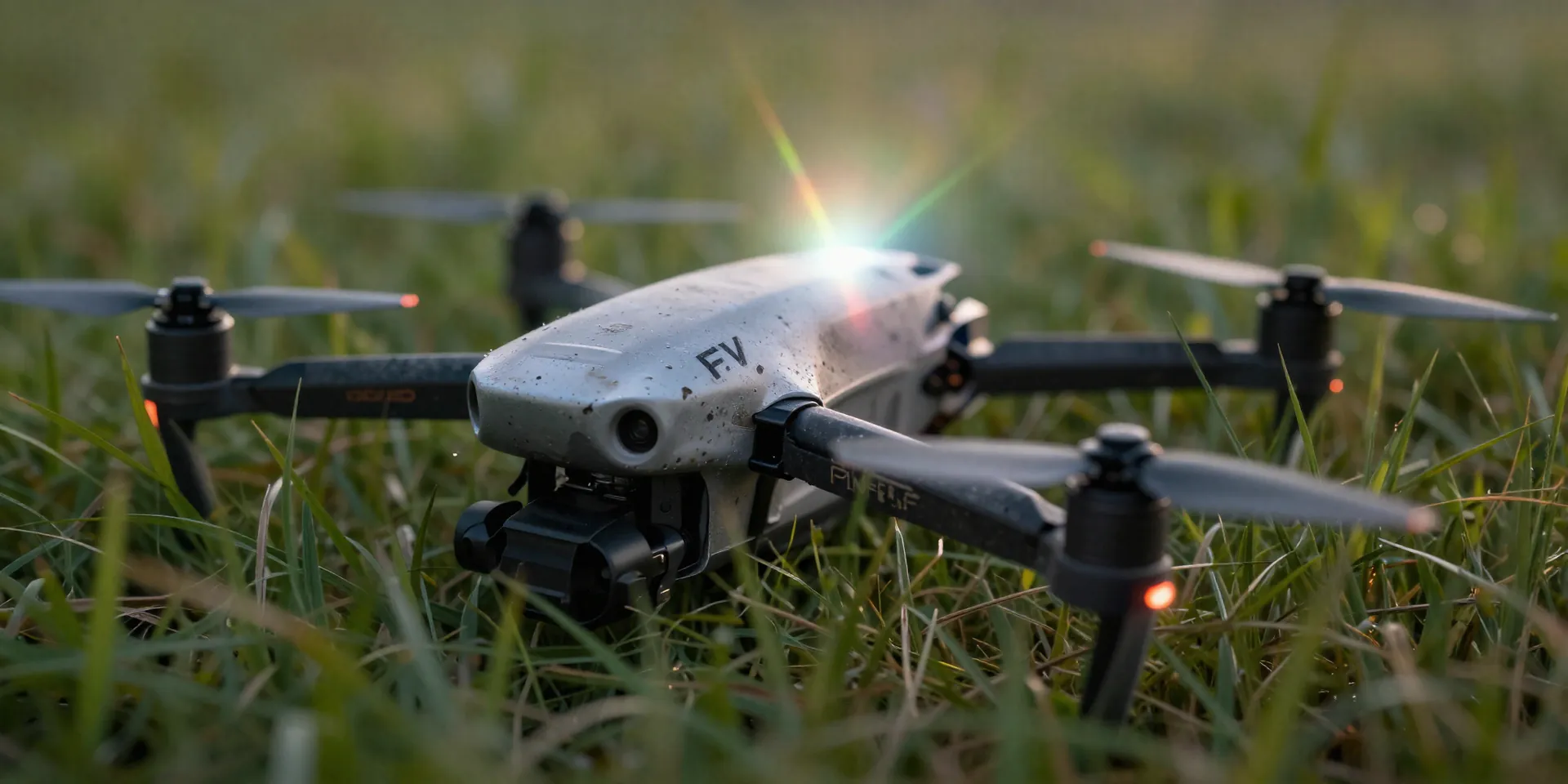 Close up of a battered but badass FPV drone resting in tall grass, cinematic lighting, neon sunlight flare, hyper-realistic photography --ar 16:9