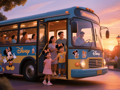 Medium shot, a friendly Disney bus with character decals, doors open, a family with kids in Mickey ears boarding at sunset, warm glow, hyper-realistic, magical ambiance, Disney vacation vibe, detailed textures, cinematic lighting --ar 4:3