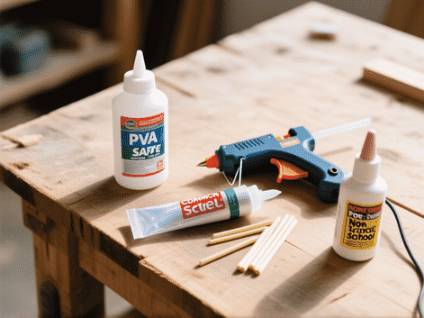 A flat-lay, common safe DIY adhesives on a rustic wood workshop table. A bottle of white PVA glue, a clear silicone sealant