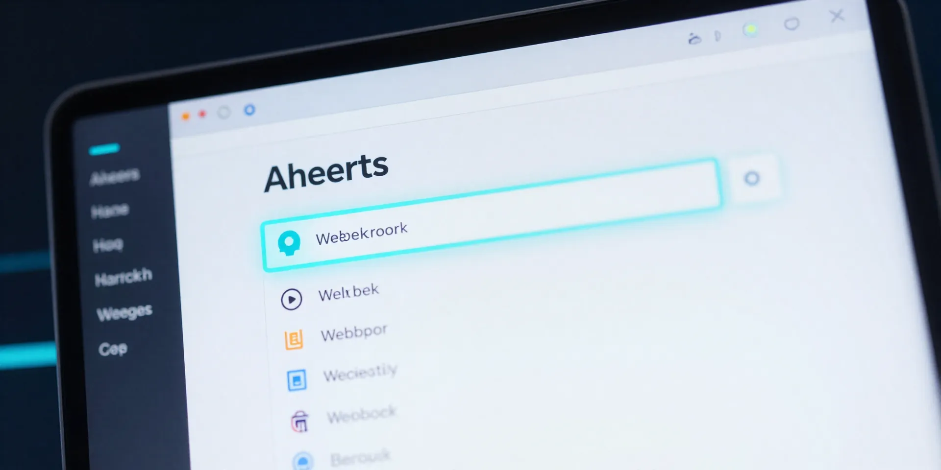 Close-up of a sleek Ahrefs dashboard interface, with a webhook configuration panel brightly highlighted, cyberpunk aesthetic, neon blue accents, dark background