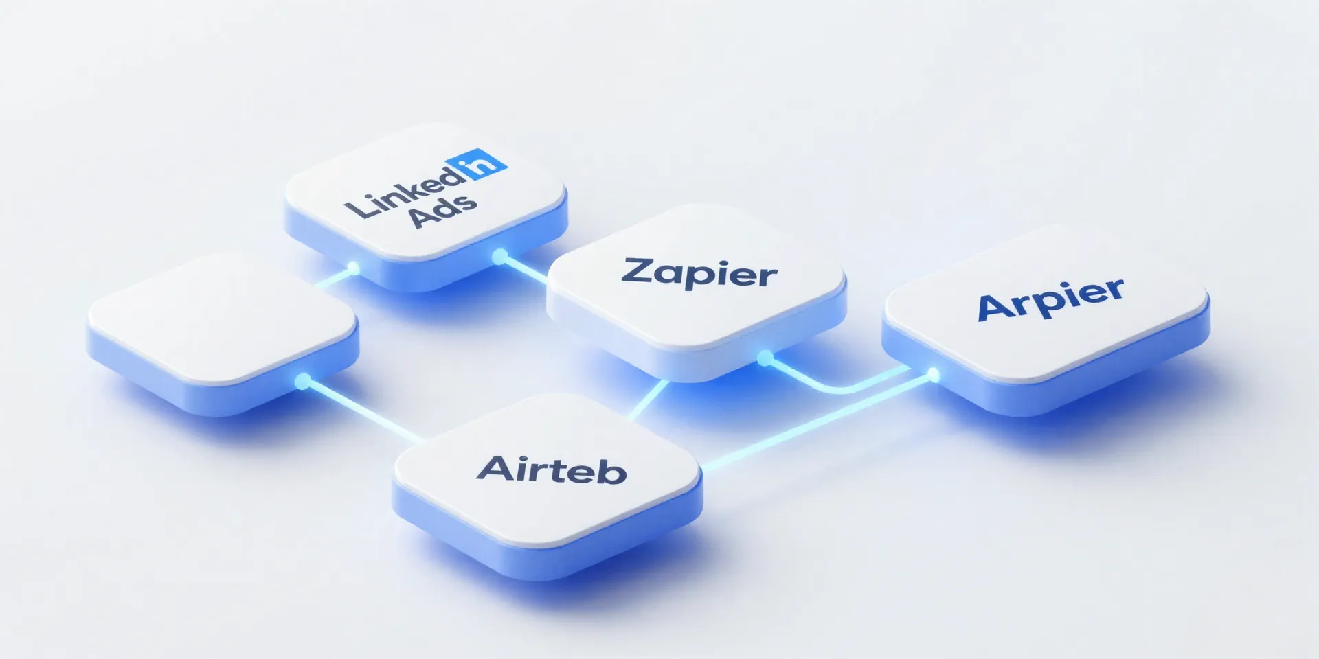 Midjourney prompt: A beautiful, minimalist diagram showing three distinct, floating platforms labeled 'LinkedIn Ads', 'Zapier', and 'Airtable'. Elegant, glowing lines connect them like a digital circuit board. Clean white background, 3D rendering, isometric view, tech illustration style with soft shadows and a futuristic glow.